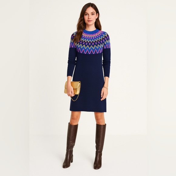 Boden Eleanor Fair isle Wool blend sweater dress Sparkle Navy Blue Winter 8R NWT